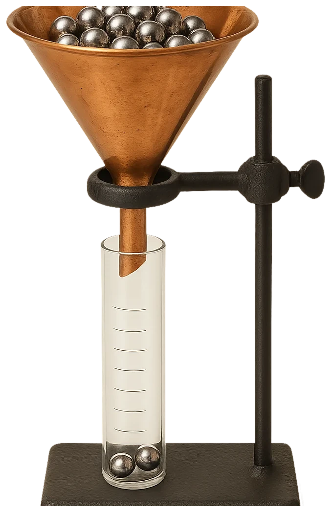 A copper funnel on a stand above a glass cylinder, ball bearings passing through