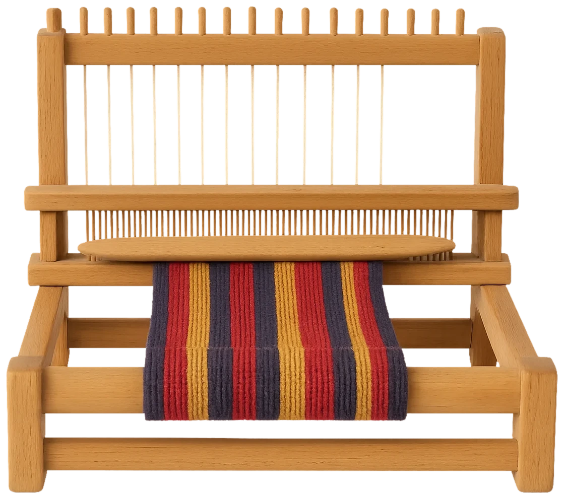 A tabletop loom weaving coloured threads into one band of cloth