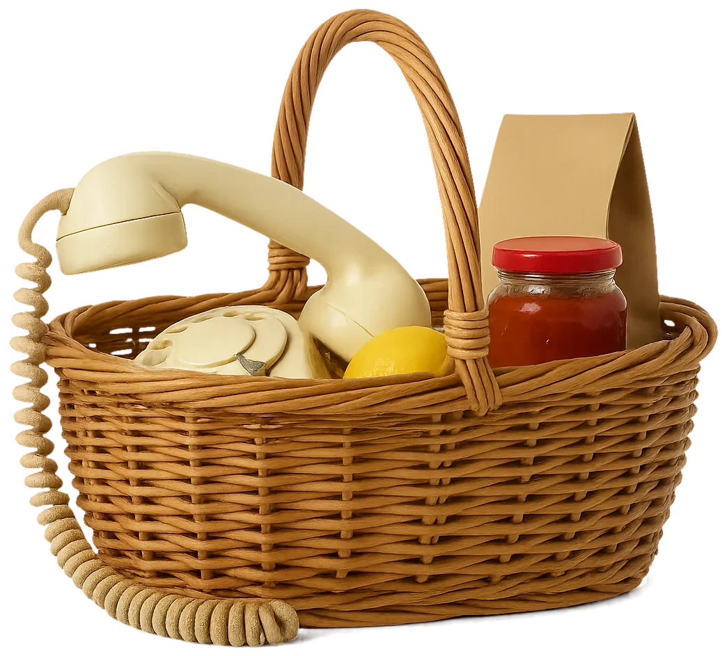 A wicker shopping basket with a telephone handset and groceries