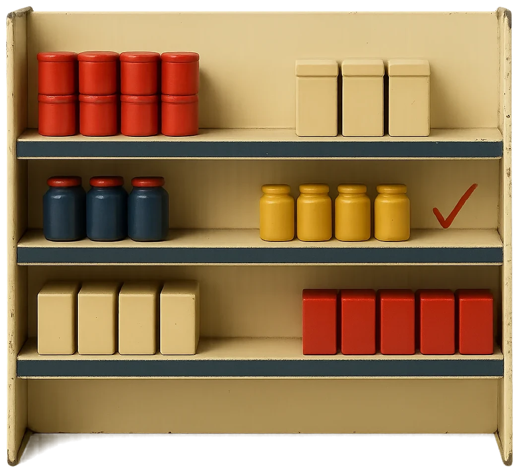 A miniature tin supermarket shelf with one facing missing, marked in red pencil