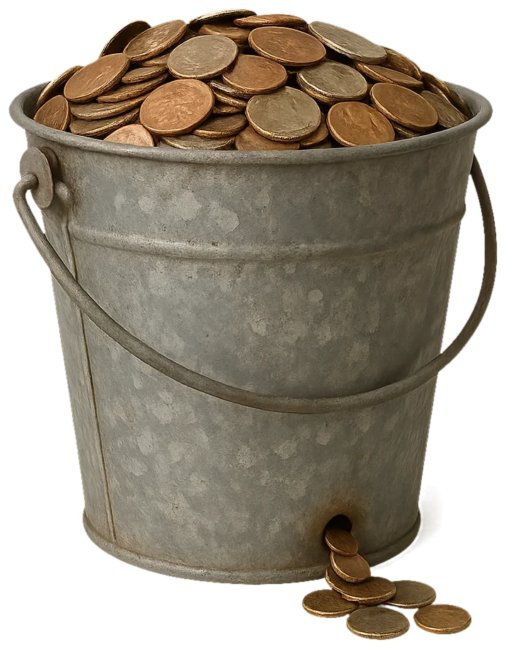 A tin bucket of coins with a small hole near its base, coins trickling out