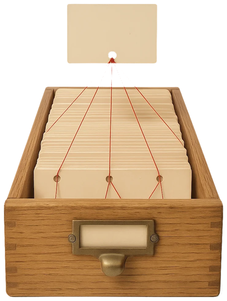 A card-catalogue tray with one raised card tied by red thread to six others