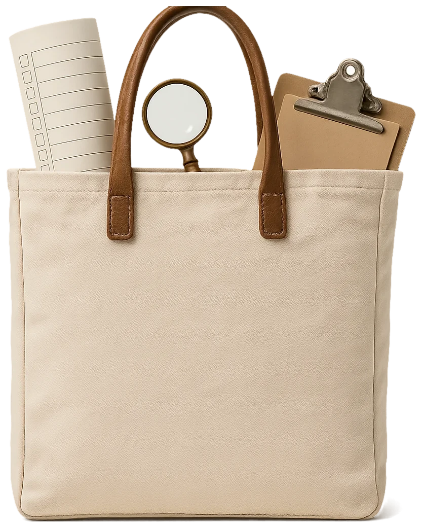 A canvas tote bag with a checklist, a clipboard and a brass loupe
