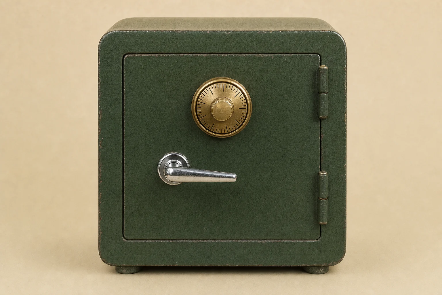 A green steel store safe with a brass dial