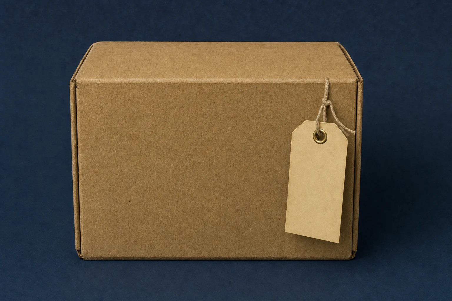 A kraft carton with a blank manila tag